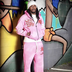 Ensemble de survêtement personnalisé pour homme en molleton rose tissé, avec sweat à capuche zippé et pantalon de jogging, style streetwear, fabricant OEM ODM - Product Image 1