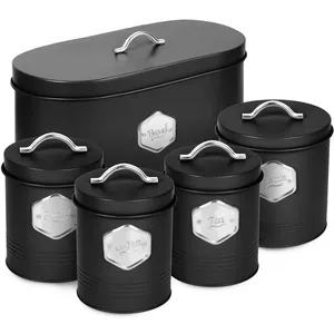 Ensemble de boîtes de cuisine rustiques en métal avec couvercles en bois pour farine, thé, sucre, café, style farmhouse durable, organisation de cuisine. - Product Image 2
