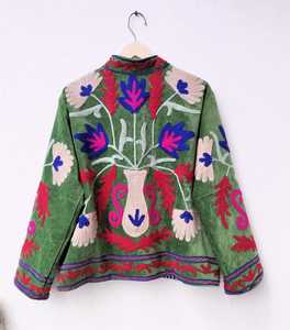 <b>Women's</b> Green Velvet <b>Embroidered</b> Floral <b>Jacket</b> Boho Zip Up Coat with Stand Collar <b>Women</b> Stand Collar <b>Jacket</b> Green Velvet Coat - Product Image 6