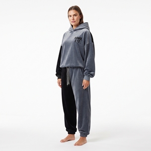 Ensemble de survêtement en velours bicolore pour femme, coupe oversize décontractée, sweat à capuche à manches longues et épaules tombantes, pantalon de jogging avec cordon de serrage et poches latérales, deux pièces - Product Image 2