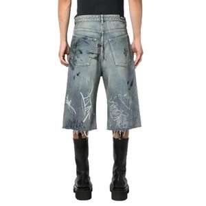 Shorts en jean pour hommes, délavés à l'acide, effet usé, avec strass, double épaisseur aux genoux, vintage, coupe cargo ample et décontractée - Product Image 2