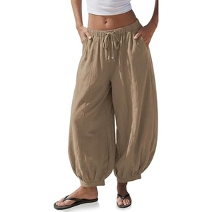Women's Linen Cotton Harem <b>Pants</b> High Waist Drawstring Loose Ankle-Length Solid Color Casual <b>Summer</b> <b>Pants</b> With Pockets - Product Image 1