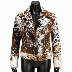 Blouson de moto en cuir marron et blanc à imprimé animal pour homme, col rabattu, fermeture éclair, ceinture, coupe ajustée, style hiver, imperméable - Product Image 1