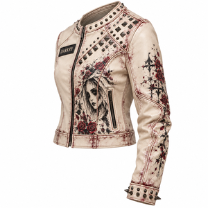 Blouson en cuir vieilli blanc cassé avec imprimé Portrait de mariée gothique, col clouté, fermeture éclair avant, style motard pour femme, fabrication sur mesure - Product Image 4