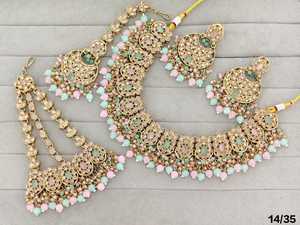 Ethnic Antique Gold Plated CZ Choker Necklace Set Beaded Drop <b>Floral</b> Cluster Bridal Jewelry Set With Earrings Mang Tika And Pasa - Product Image 1