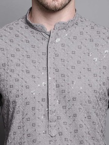 Salwar Kameez pour homme en coton violet, broderie géométrique modeste, col montant, manches longues, tenue ethnique quotidienne, coupe classique, toutes saisons - Product Image 2