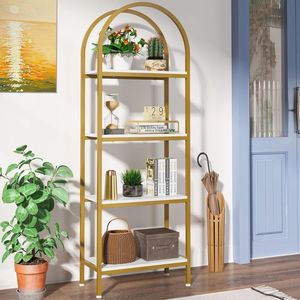 Étagère à livres arquée à 5 niveaux en bois d'acacia massif naturel de luxe avec cadre en métal doré pour la maison, le bureau, le salon, l'affichage et le rangement - Product Image 4