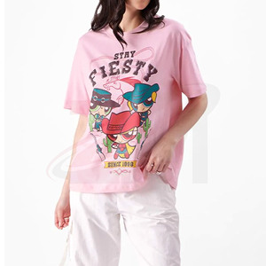 Camiseta Rosa para Mujer con Estampado de Dibujos Animados, Cuello Redondo, Manga Corta, Corte Holgado, Informal, 100% Algodón Jersey, Transpirable, para Primavera/Verano - Product Image 3