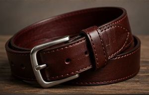 Ceinture en cuir véritable vert uni avec boucle ardillon rectangulaire argentée, décontractée et durable pour homme - Product Image 5