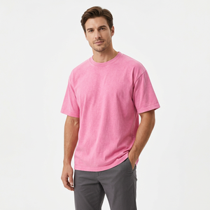 Camiseta Oversize Rosa de Algodón para Hombre, Casual, Cuello Redondo, Manga Corta, Color Liso, Tejido de Punto, Estilo Urbano - Product Image 4
