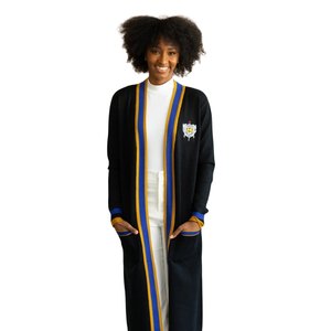 เสื้อคลุมคาร์ดิแกน Sigma Gamma Rho สีดำยาวสำหรับผู้หญิง แต่งขอบสีน้ำเงินทอง ถักนิตติ้ง สไตล์ลำลองหรูหราสำหรับชมรมนักศึกษากรีก - Product Image 1