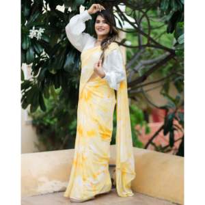 Sari en mousseline jaune citron imprimé numériquement, léger, style bohème, pour fêtes, mariages, plage, cérémonies, ethnique indien, pour femme, de créateur - Product Image 1