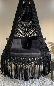 Black Macrame Hanging <b>Swing</b> Chair: Indoor Outdoor Decor - Product Image 2