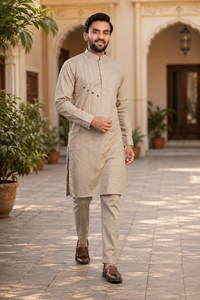<b>Mens</b> Beige Cotton <b>Kurta</b> Pajama Set Stylish Thread Work Tassel Detail Indian Traditional Festival Outfit Wholesale B2B Custom - Product Image 3