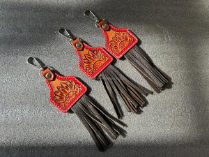 New Real Handcrafted Genuine Color Tooled Leather Cute Charming <b>Tassel</b> Keyrings Hot Sale Western Style Modern Floral <b>Key</b> Fobs - Product Image 2