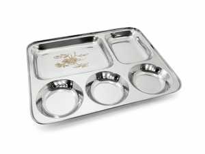 Assiette rectangulaire classique en acier inoxydable de qualité alimentaire, 5 compartiments, plateau de service réutilisable pour la maison et les restaurants - Product Image 2