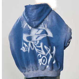Sweat-shirt à capuche bleu en crochet pour homme 2026, style Y2K, coupe oversize, effet délavé, streetwear grunge, mode décontractée hiver - Product Image 4