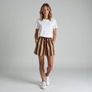 Brown beige boxer <b>shorts</b> for <b>women</b> for stepping out lounging beach wear home relax stripes design comfort breathable cotton - Product Image 4