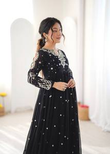 Custom Ladies Black Georgette Flared Anarkali <b>Dress</b> Mirror Embroidered Yoke Cut Out Sleeve Suit Set - Product Image 4