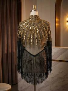 Cape de soirée de luxe dorée à sequins et franges, ornée de perles et de pompons, pour mariée, mariage, robe de soirée, prix direct usine - Product Image 3