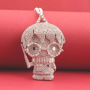 Collier Hip Hop en Argent avec Pendentif Crâne Cartoon Sertie de Zircons Cubiques, Bijou de Mode de Luxe Bling Bling - Product Image 1