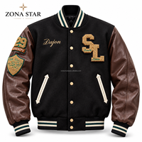 ZONA STAR Blouson universitaire unisexe en laine avec manches en cuir véritable marron foncé, patch brodé, réversible, doublure polaire, col montant