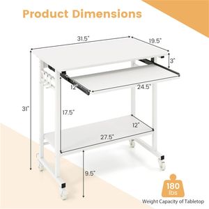 Scrivania Mobile per Computer in MDF Bianco con Vassoio per Tastiera e Ripiano Portaoggetti, Ruote Bloccabili a 360°, Spostabile per Casa, Ufficio e Hotel - Product Image 3