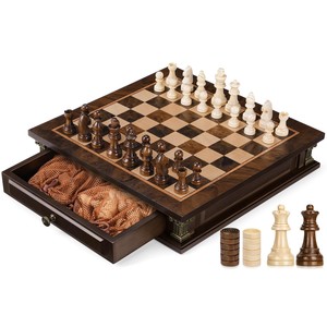 Jeu d'échecs et de dames en bois de pin avec tiroir de rangement - Vente en gros, jeu de société éducatif, design moderne du milieu du siècle - Product Image 4