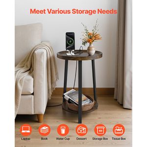 Tavolino Moderno Rotondo a 2 Livelli con Vano Portaoggetti Aperto, Comodino con Porta USB e Presa di Ricarica AC, Finitura in Legno - Product Image 4
