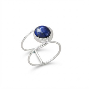 925 Sterling Silver Natural <b>Lapis</b> <b>Lazuli</b> Round Gemstone Double Band Statement <b>Ring</b> Wedding Jewelry Gift for Women - Product Image 1