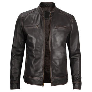 Chaqueta de Cuero PU Genuino Marrón para Hombre, Estilo Inglés, Cuello Redondo, Cierre de Cremallera Resistente al Viento, Corte Regular, para Invierno - Product Image 4