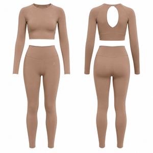 Women Seamless Yoga Set Long Sleeve <b>Crop</b> <b>Top</b> High Waist Leggings Fitness Activewear Set - Product Image 2