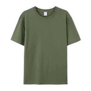 T-shirt en coton vert olive pour homme, manches courtes, col rond, coupe classique, décontracté, couleur unie, jersey tricoté, teint uni - Product Image 1