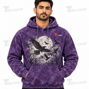 Sudadera con capucha morada para hombre con estampado de cuervo y luna, de forro polar, informal, de corte regular, para otoño, con efecto lavado ácido. - Product Image 5
