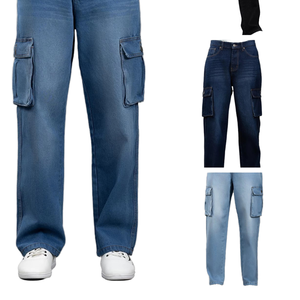 ZY Streetwear Logo personnalisé broderie hommes Baggy Denim pantalon lavé multi-poches décontracté blanc ample Hip Hop hiver hommes Cargo - Product Image 1