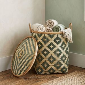 Handwoven Natural Bamboo Storage <b>Basket</b> with Lid – Stylish <b>Bathroom</b>, Bedroom & Laundry Storage Organizer - Product Image 1