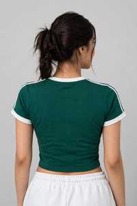 Women's Green Slim Fit <b>Crop</b> Top Short Sleeve Crew Neck <b>T</b>-<b>Shirt</b> With <b>White</b> Ringer And 3 Stripes Sporty Tee - Product Image 2