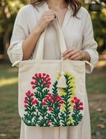 Tas katun motif bunga dengan pola bordir, dua tali, tas selempang katun, warna tenun tangan, dua tali, dekorasi rumbai, bergaya.
