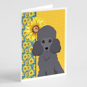 Whimsical Summer Sunflowers Grey Poodle Tarjetas de felicitación Pack 8 A7 Tamaño 5x7 Tarjetas de notas en blanco con sobres para notas personalizadas - Product Image 1