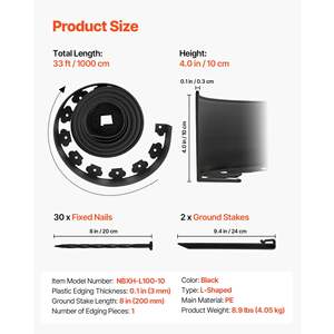 UV-Resistant 33ft X 4 Inches Plastic <b>Garden</b> Border 30 Spike 2 Ground Stakes No Dig <b>Flexible</b> Lawn <b>Edging</b> Roll Mini Fence Borders - Product Image 3