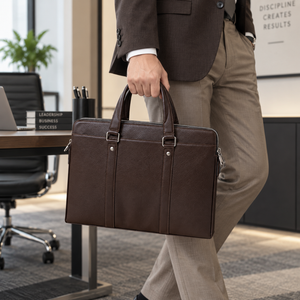 Porte-documents classique en cuir véritable imperméable pour hommes, sac à bandoulière pour ordinateur portable, fermeture éclair, grande capacité, pour le bureau et les voyages - Product Image 5