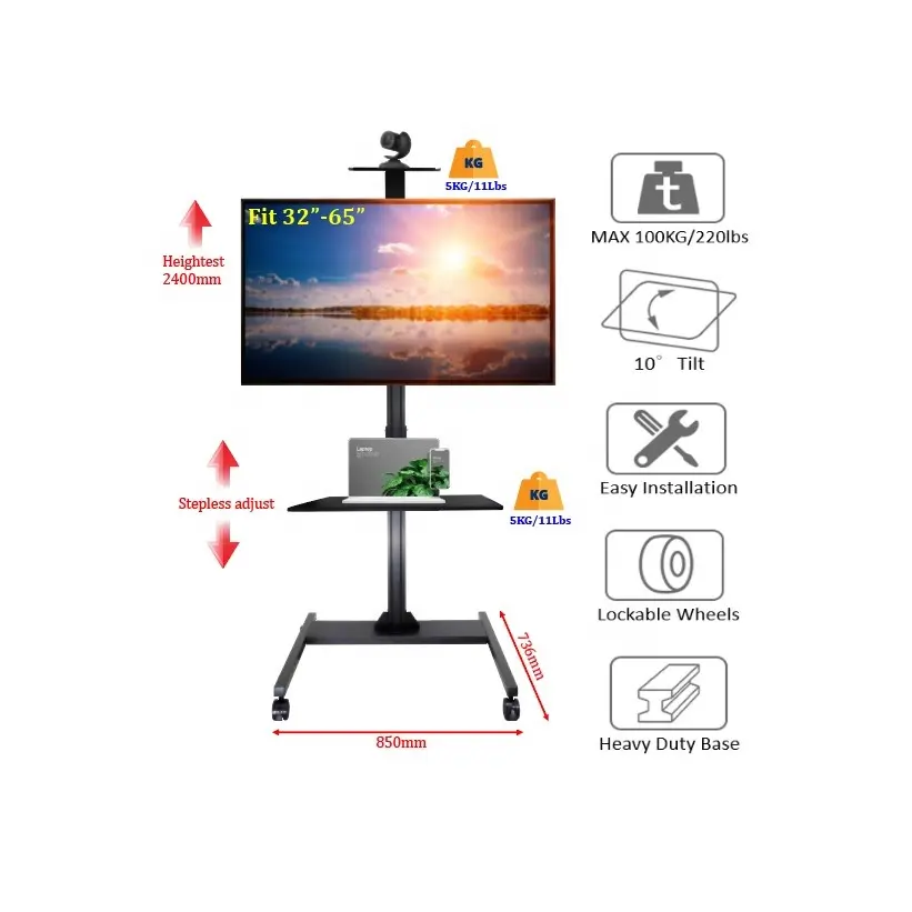 מתכת אוניברסלי פלזמה LCD LED מודרני טלוויזיה Stand נייד טלוויזיה עגלת ארבעה גלגלי טלוויזיה עגלה