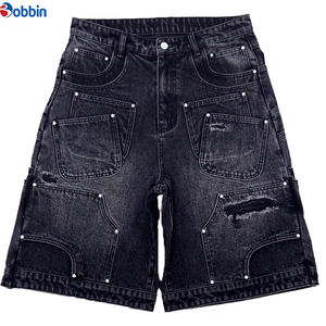 Shorts en jean pour hommes, style streetwear hip-hop, été, personnalisés, avec poches utilitaires cargo, coupe baggy, effet délavé à la pierre et à l'acide - Product Image 1