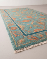 Tapis DECORDEC Oushak Turquoise, motif floral corail, bordure botanique, 100% laine de Nouvelle-Zélande, tufté à la main, pour salon, hôtel