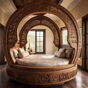 Cama circular única con intrincado entramado y tallados artesanales tradicionales, disponible a precios de mayorista. - Product Image 1