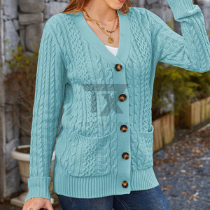 Cardigan en tricot bleu personnalisé avec logo blanc imprimé, manches longues, col rond, pull décontracté pour femme - Product Image 6