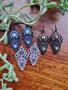 Handmade Boho Macrame Earrings Set Amethyst Dalmatian Jasper Opal Gemstone Dangle Earrings Artisan Jewelry Women - Product Image 4