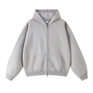 Sweat-shirt à capuche zippé surdimensionné pour homme, gris uni, 100% coton French Terry, vêtement décontracté d'automne avec poche avant - Product Image 3