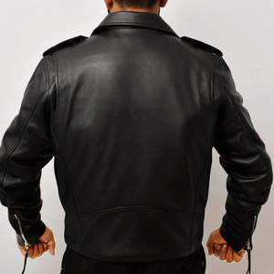 Men's Genuine Leather Motorcycle Jacket Black <b>Turn</b>-down Collar Zipper Closure Regular Fit Biker Style Autumn Wear - Product Image 3