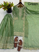 Ensemble 3 pièces traditionnel indien pour femme, brodé, coupe ajustée, en soie Georgette, idéal pour les fêtes d'hiver